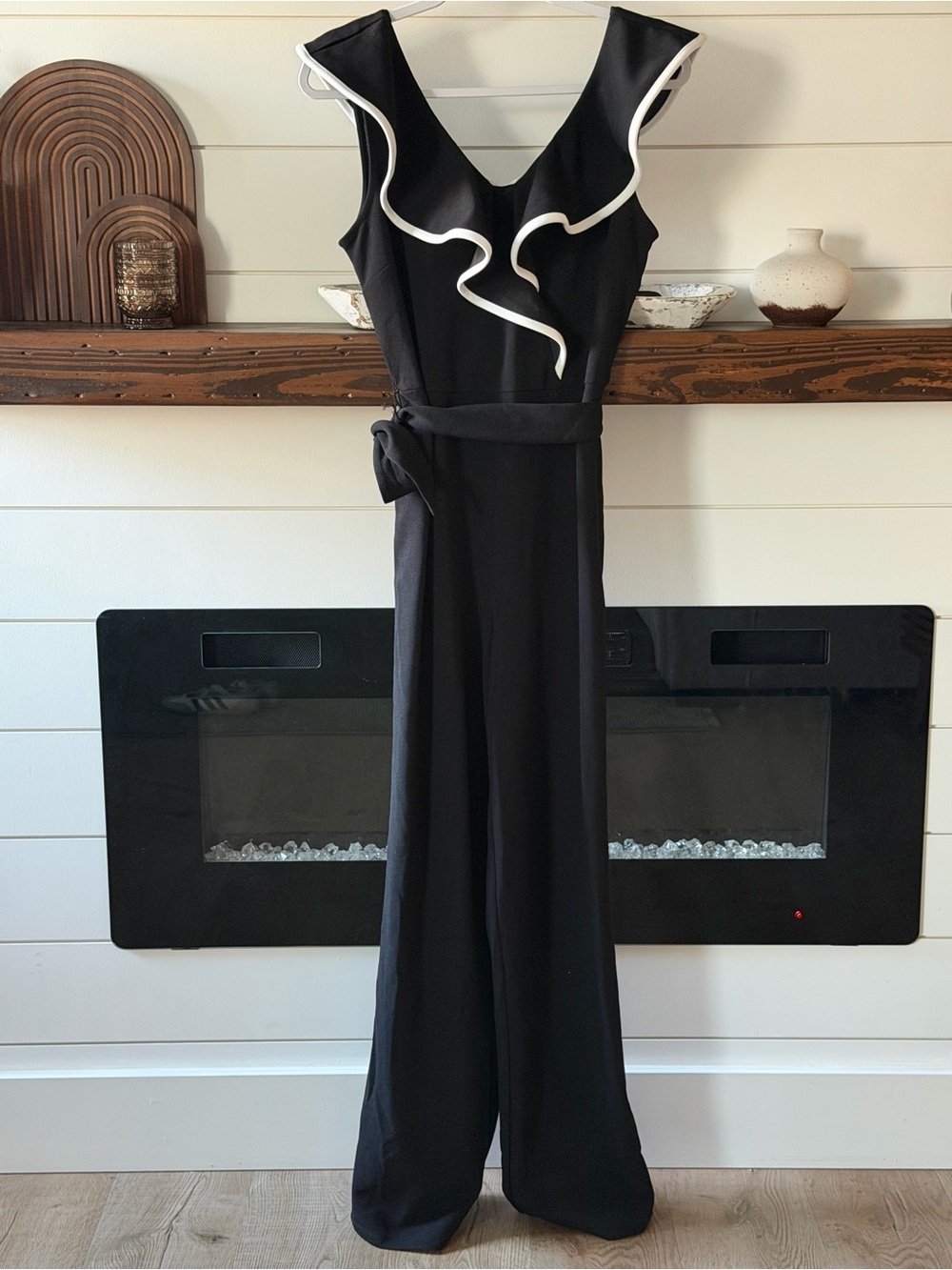 bebe Black Jumpsuit with White Ruffle Detail